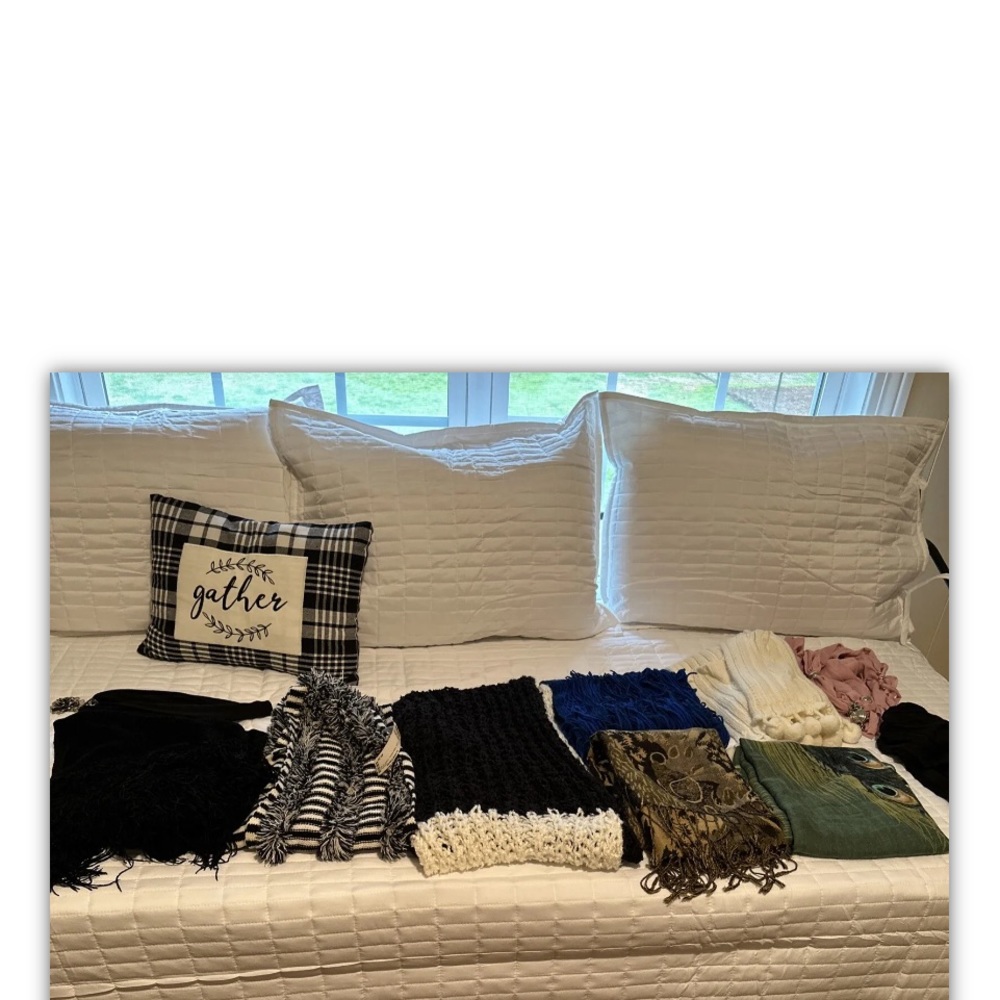 Scarves, ten (10) all shapes color and sizes